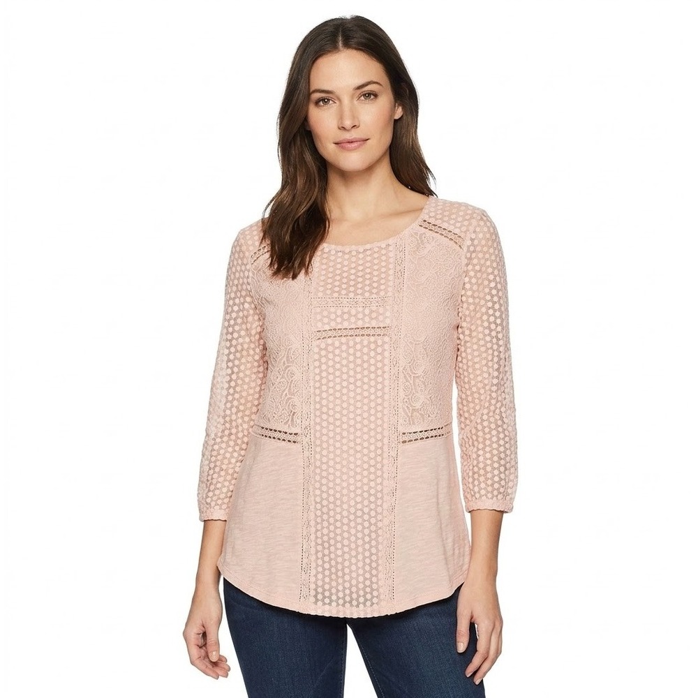 Lucky Brand Mixed Media Lace Blouse Womens Large Pink 3/4 Sleeve Boho Top Casual